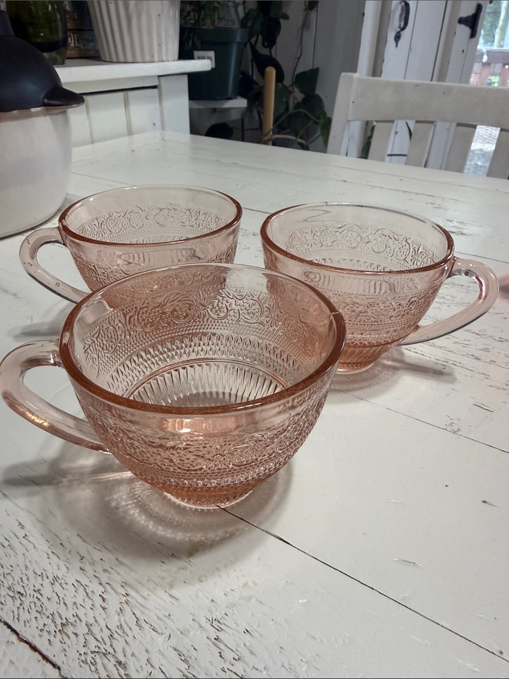 vintage KIG Indonesia pressed pink glass teacups "Trellis or Fleur-de-Lis Set 3